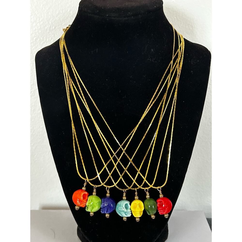 7 Handmade Skull Gold Necklace, Different Rainbow Colors- Same Style
